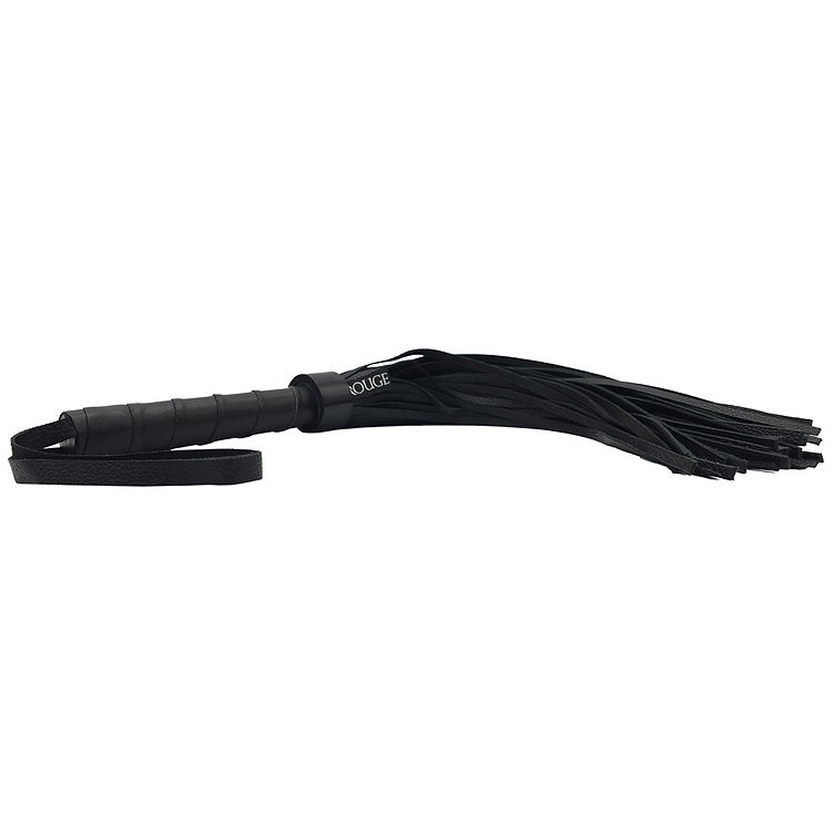 Black leather flogger with a leather handle and fringe.