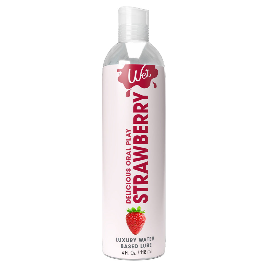 Wet Strawberry flavored water-based lubricant in a clear bottle.