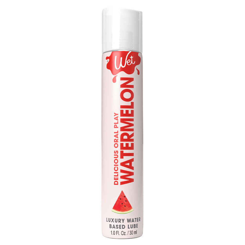 A bottle of Wet Watermelon flavored personal lubricant.