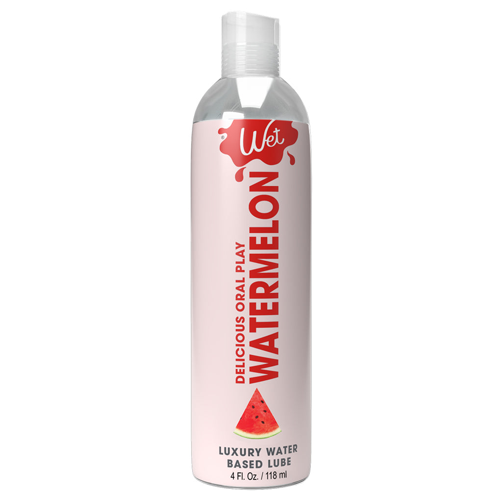 A bottle of Wet Watermelon flavored personal lubricant.