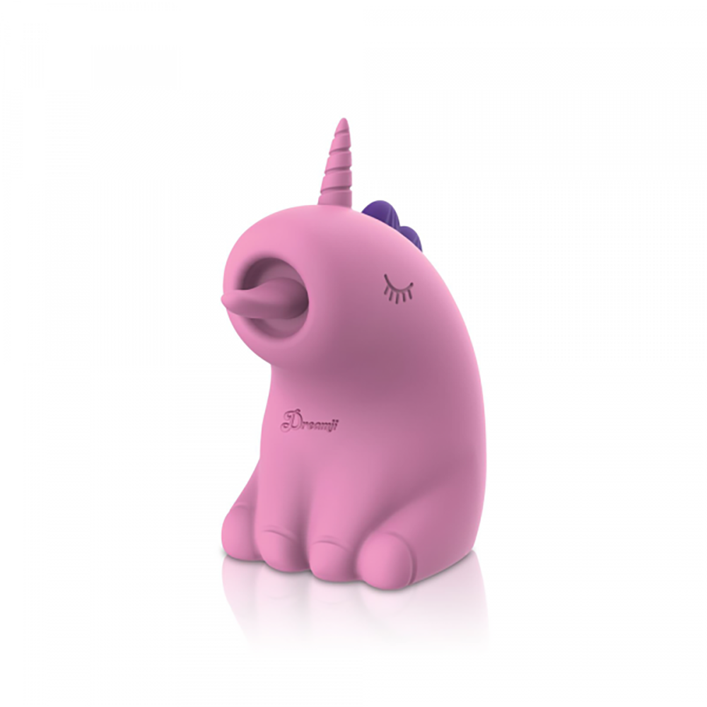 Pink unicorn licking stimulator with a purple horn and eyelashes.