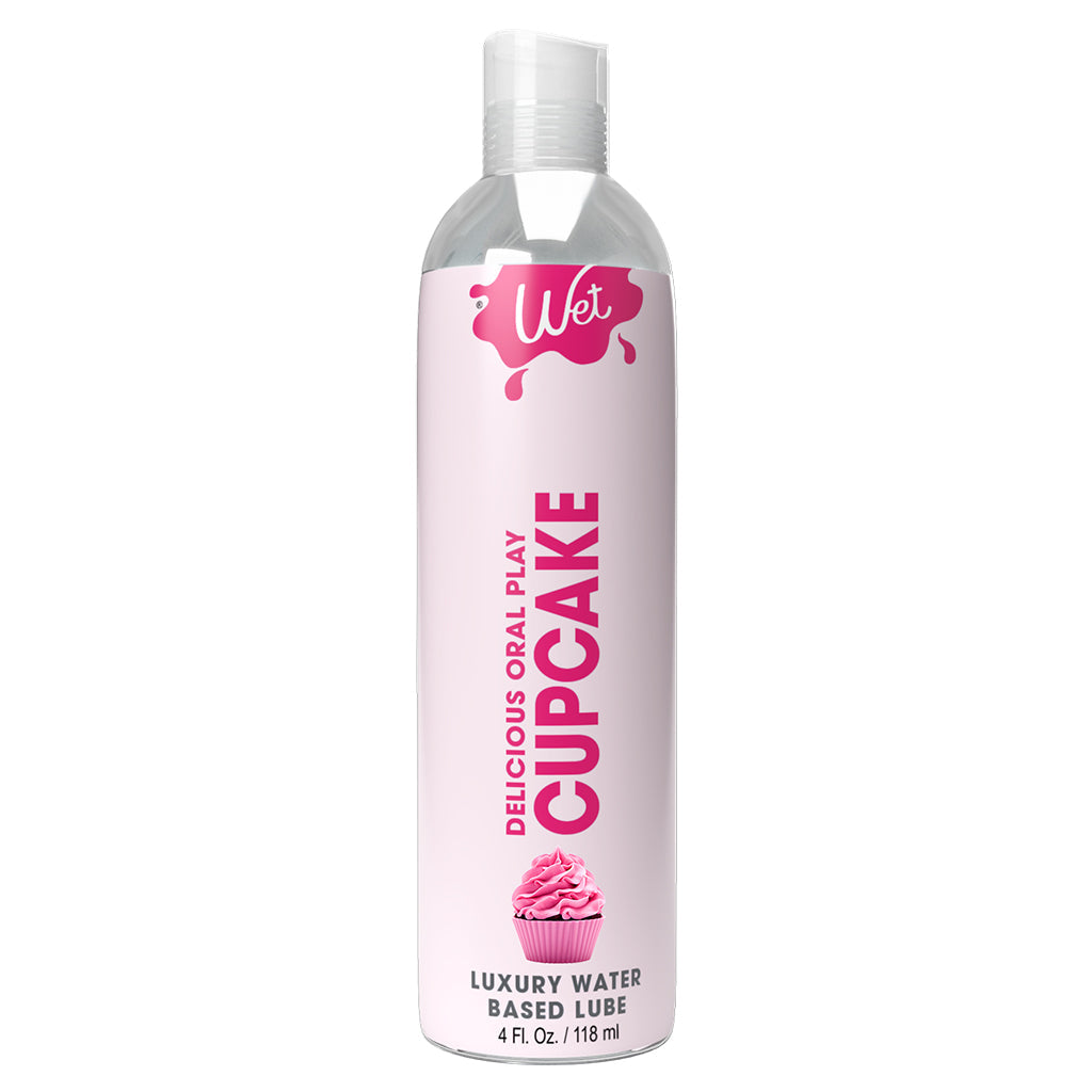 A bottle of Wet Cupcake flavored water-based lubricant.