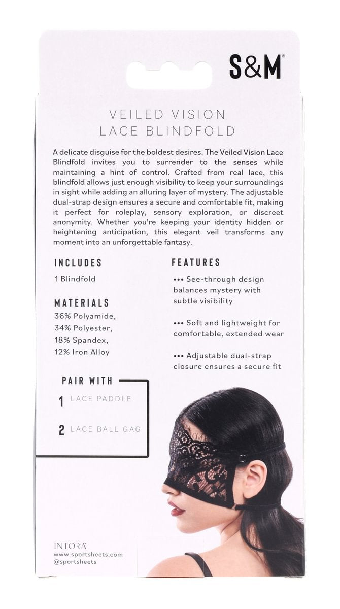 Black lace blindfold with see-through design and adjustable straps.