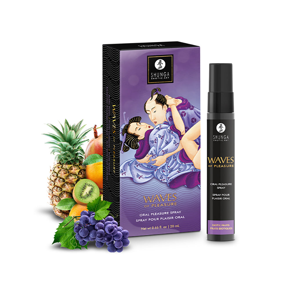 Shunga Exotic Fruits Oral Pleasure Spray with fruit and bottle.