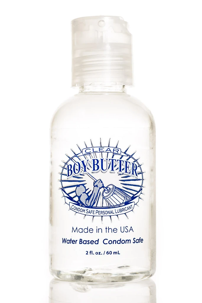 Clear Boy Butter water-based personal lubricant in a clear bottle.