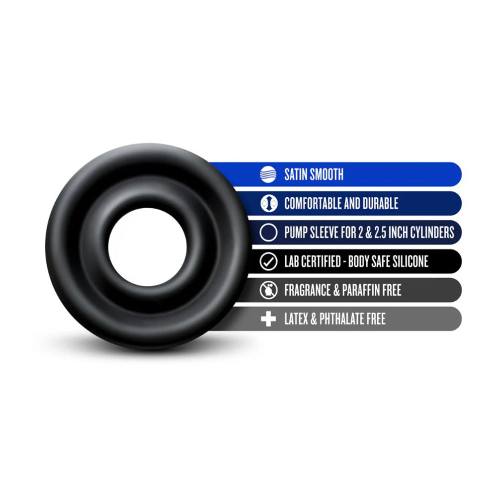 Black silicone pump sleeve with text listing features.