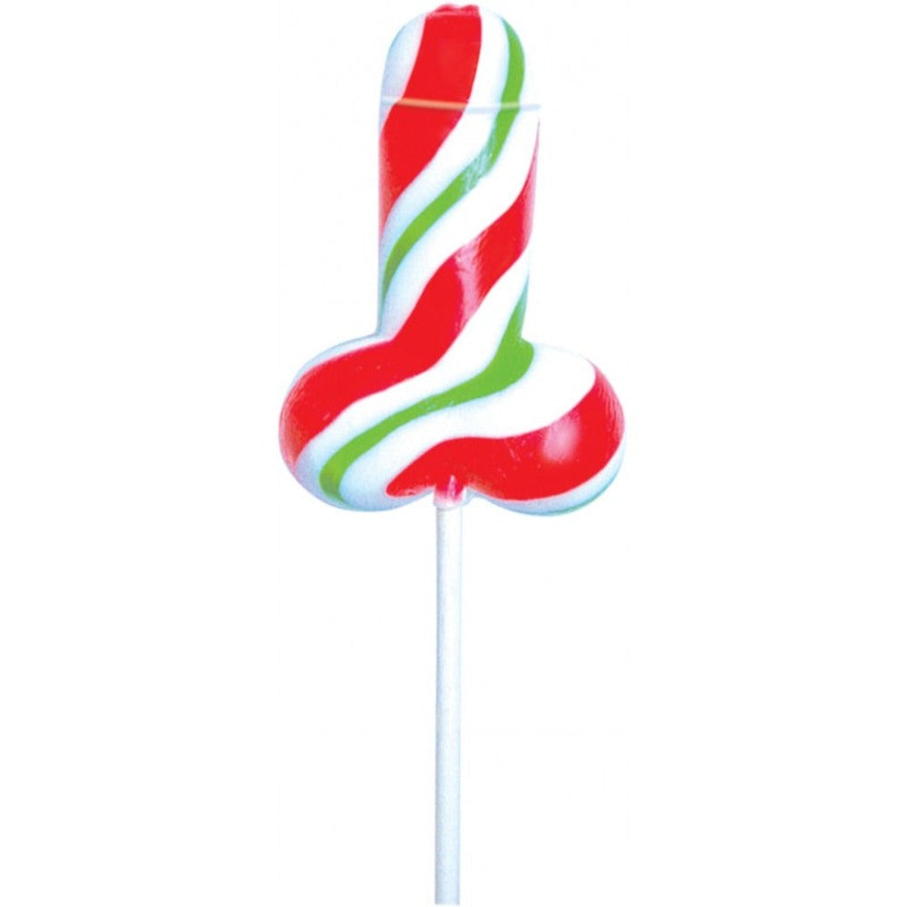 A penis-shaped lollipop with red, green, and white stripes.