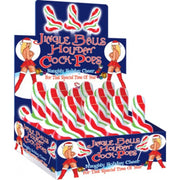 Display box of 12 phallic-shaped Christmas candies with red, green, and white stripes.