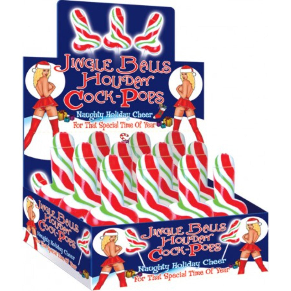 Display box of 12 phallic-shaped Christmas candies with red, green, and white stripes.