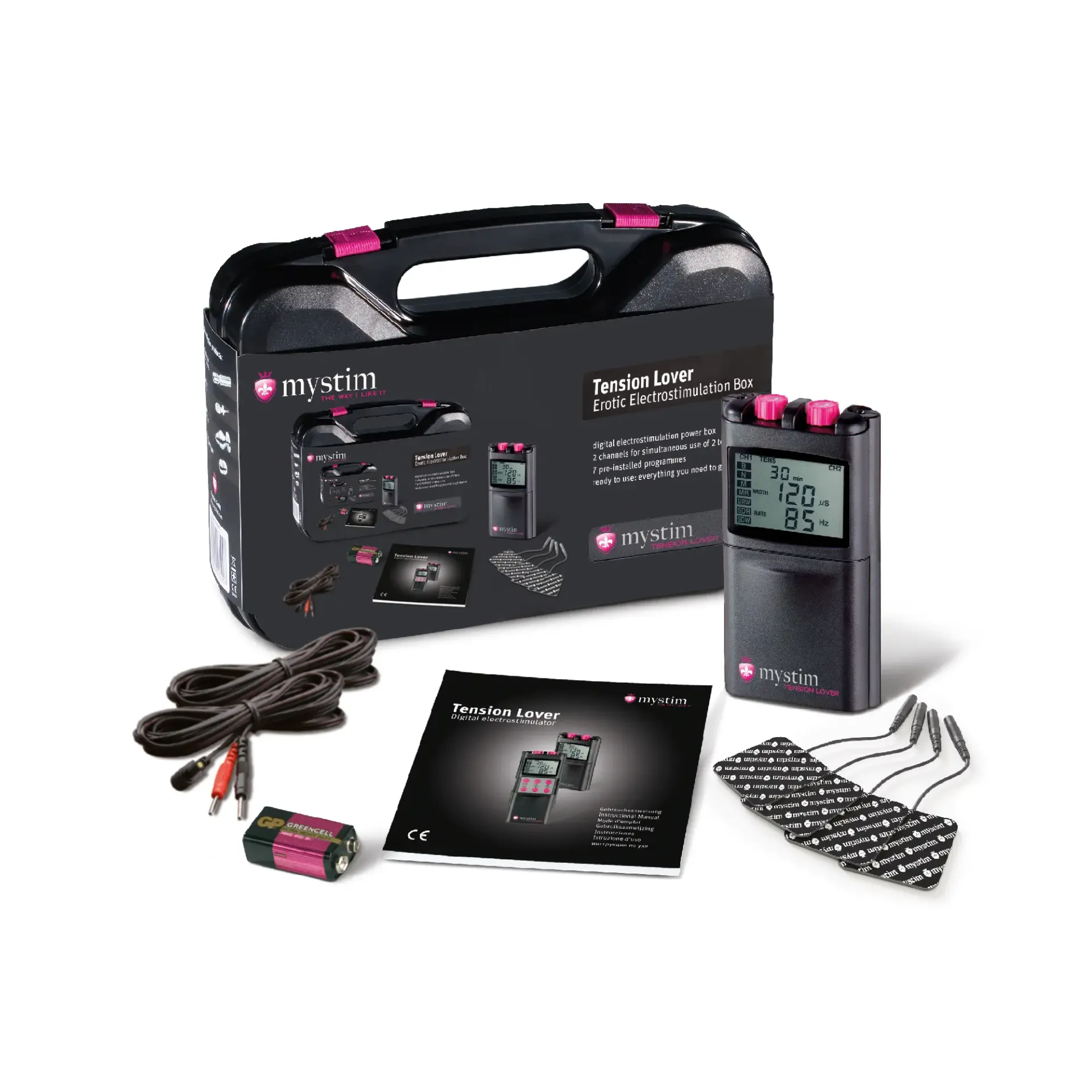 Mystim Tension Lover E-Stim powerbox with accessories in a black case.