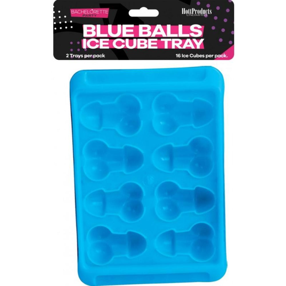 Blue novelty penis and balls shaped ice cube tray, 2-pack.