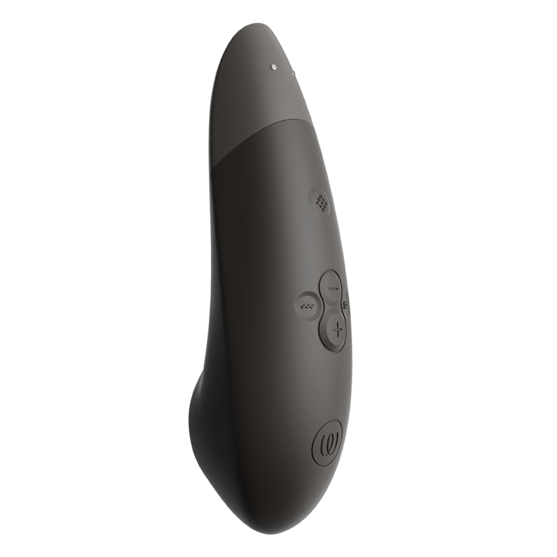 A dark gray Womanizer clitoral stimulator with buttons and a logo.