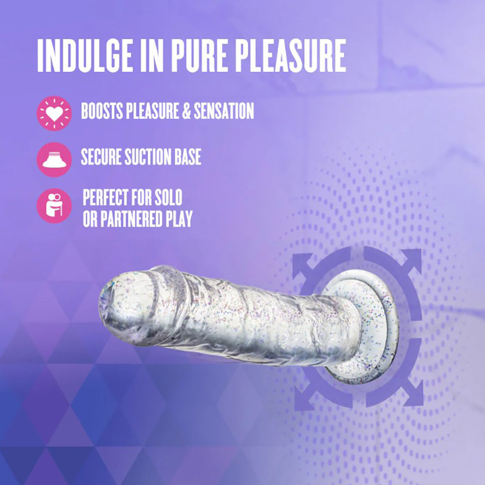 A clear, flexible dildo with glitter and a suction cup base.