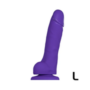 Purple realistic silicone dildo with suction cup base and veined texture.