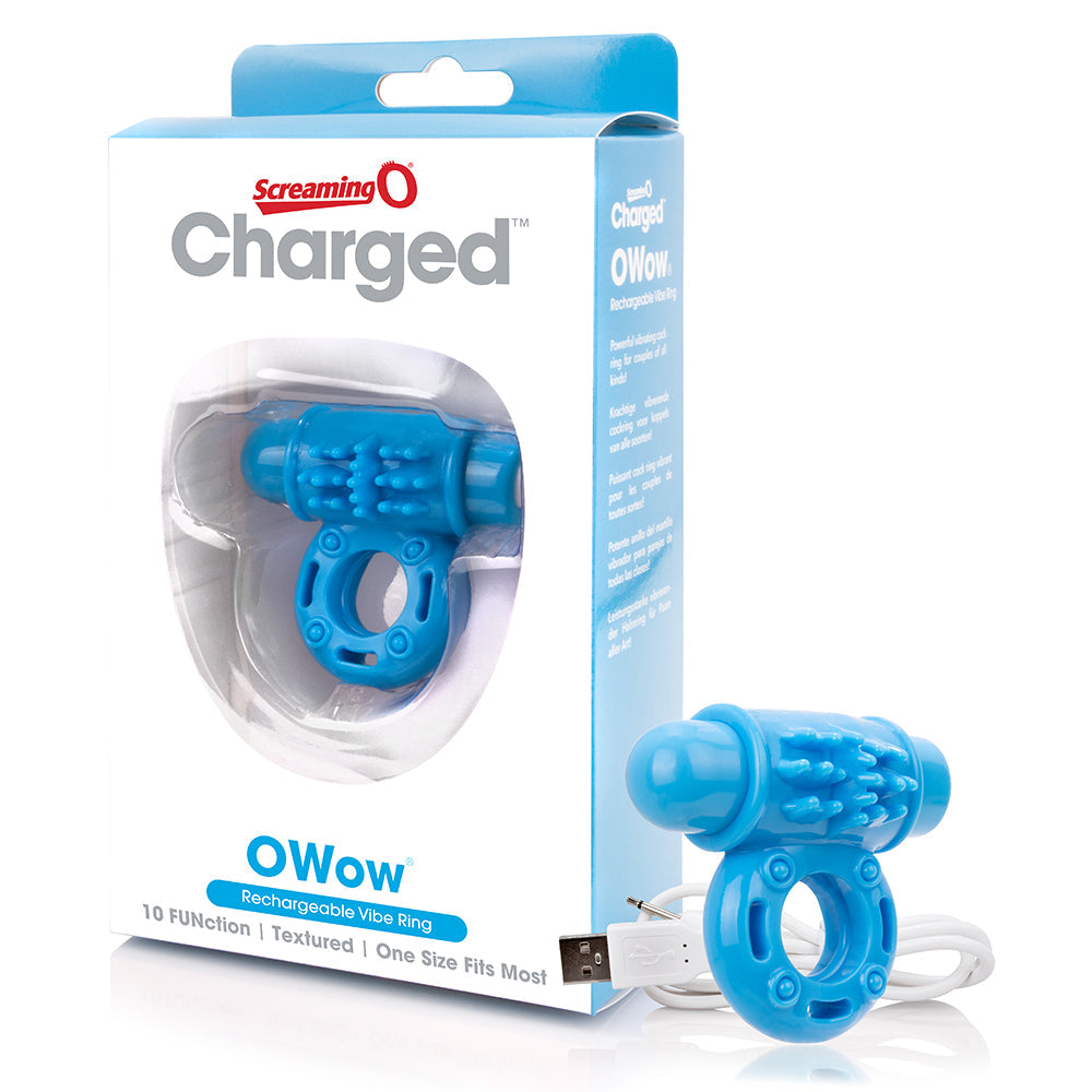 Blue rechargeable vibrating cock ring with USB cable.