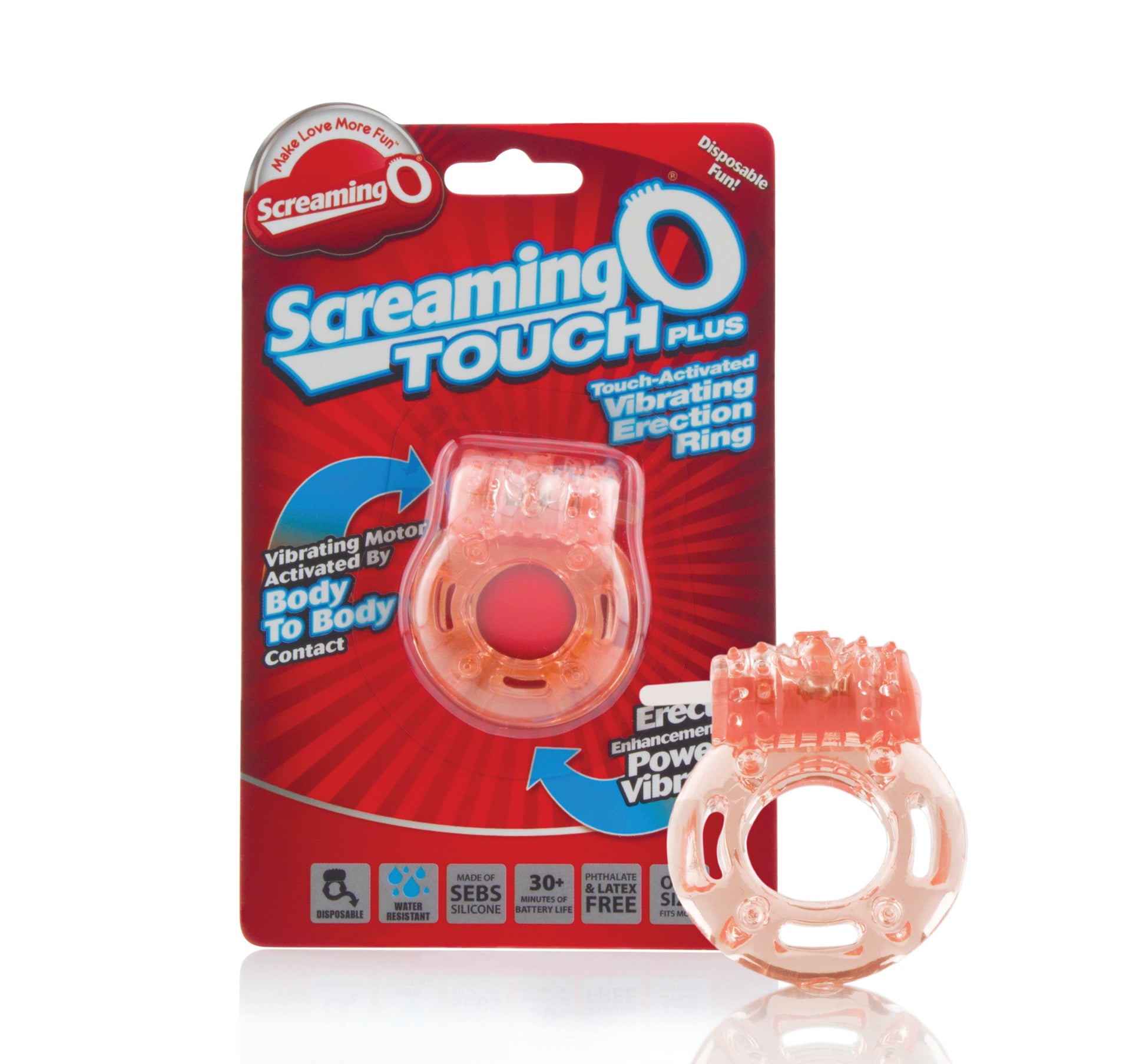 A clear vibrating cock ring with clitoral ticklers on a red package.