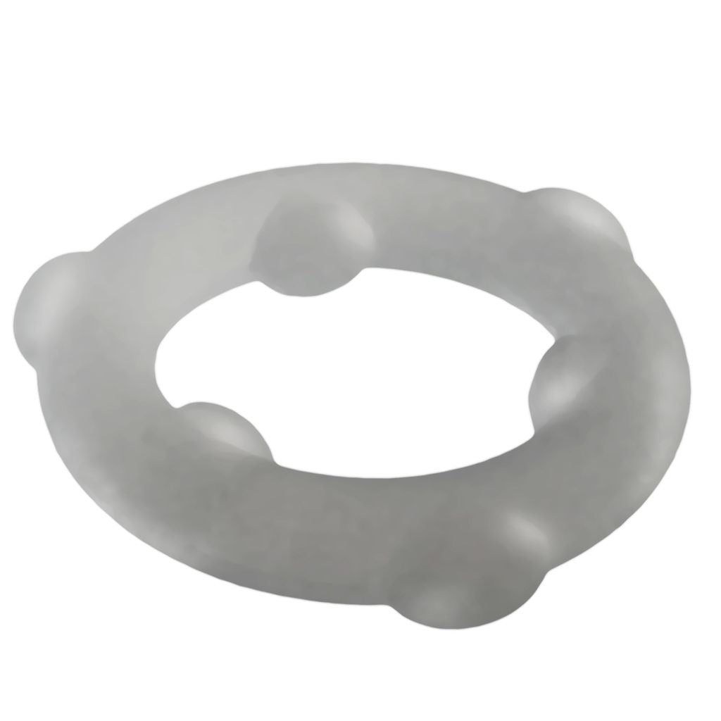 A clear silicone cock ring with four raised nubs.