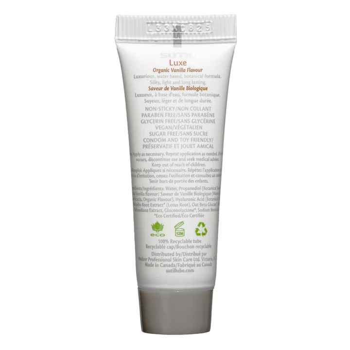 Sutil Vanilla Water-Based Personal Lubricant tube with ingredient and usage information.