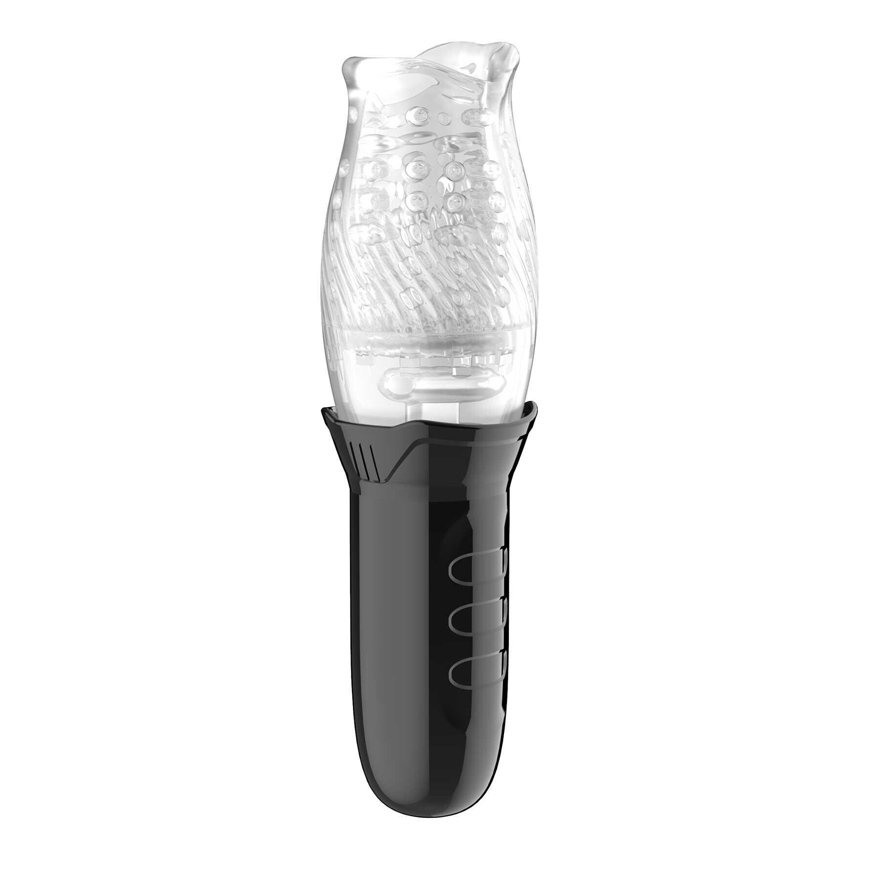 A clear rotating and vibrating masturbator with a black base.