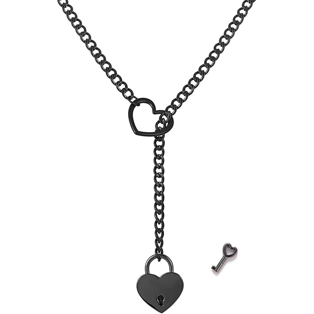 Black chain necklace with a heart-shaped lock and key charms.