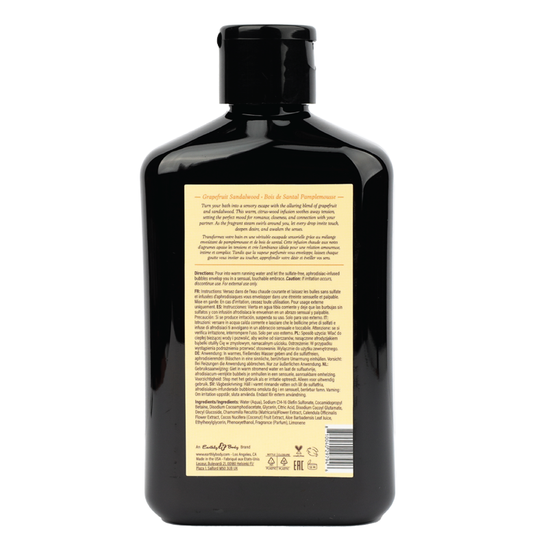 Grapefruit Sandalwood bubble bath in a black bottle with a yellow label.