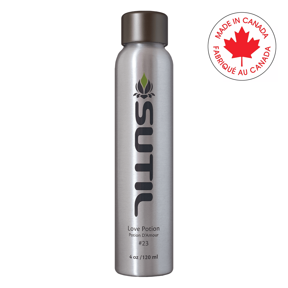 A silver spray bottle of Sutil Love Potion #23 with a "Made in Canada" logo.