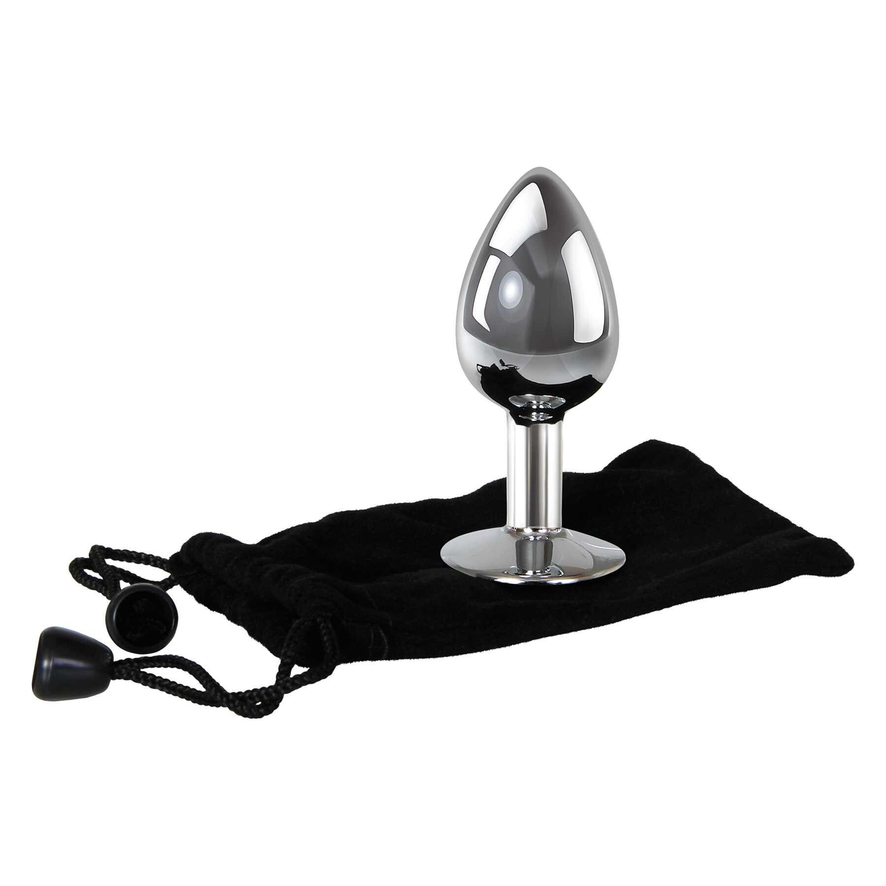 Medium aluminum anal plug with a clear jewel and a black drawstring bag.