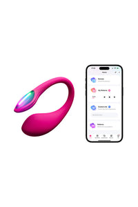 Pink Lovense Lush Mini app-controlled vibrator next to a smartphone displaying the app interface.