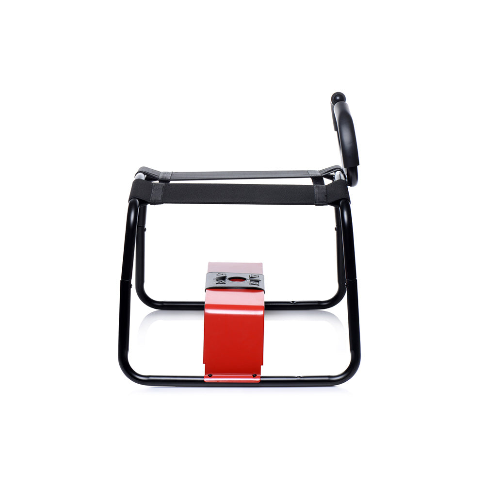 Black metal bench with a red base and black straps.