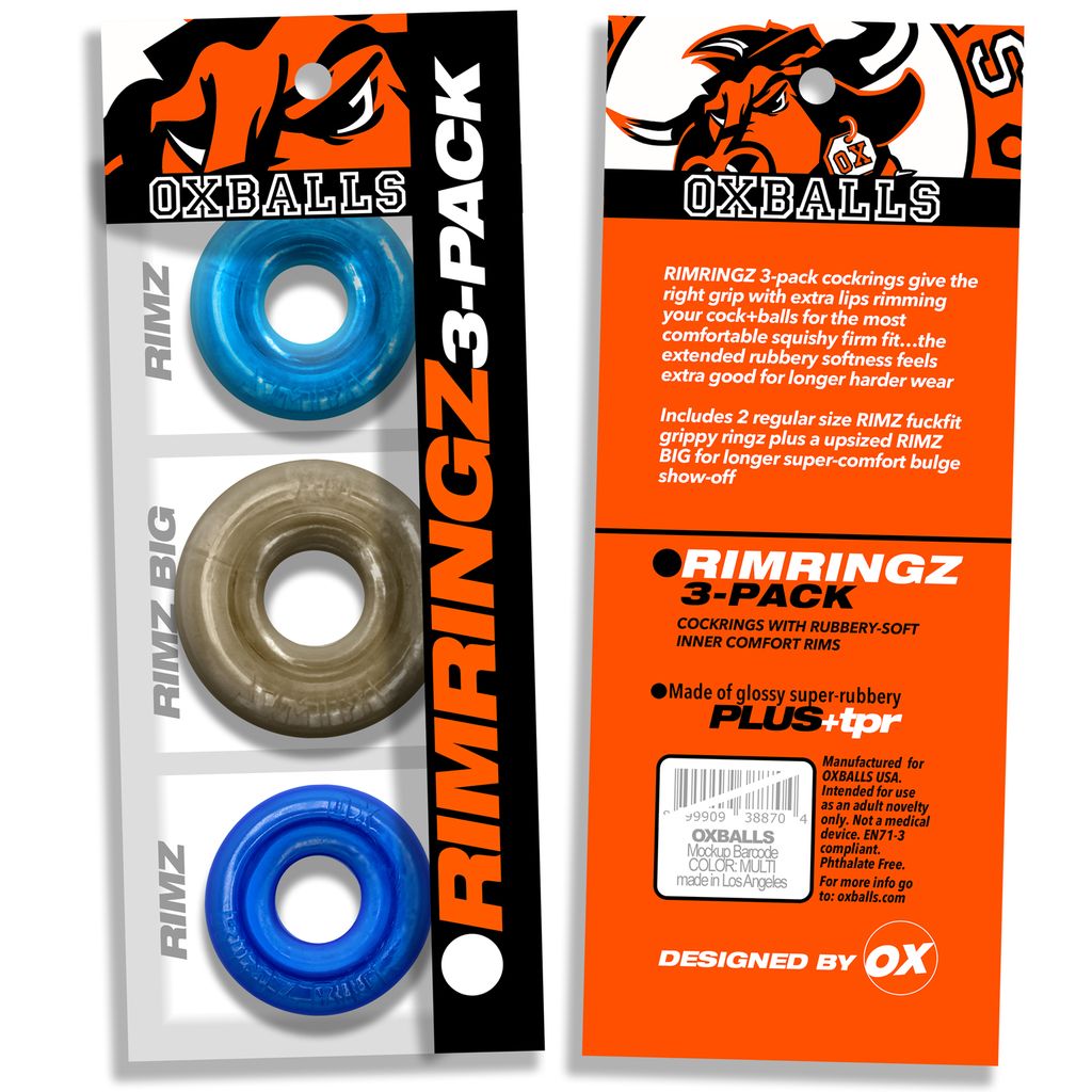 Oxballs Rimringz 3-pack cock rings in blue and clear colors.