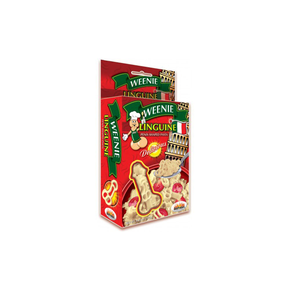 Weenie Linguine penis-shaped pasta in a red box with Italian landmarks.