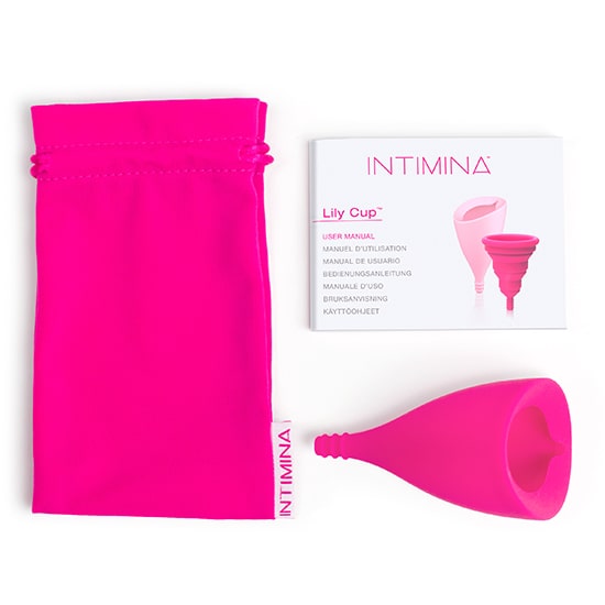 Pink Lily Cup menstrual cup with storage pouch and user manual.