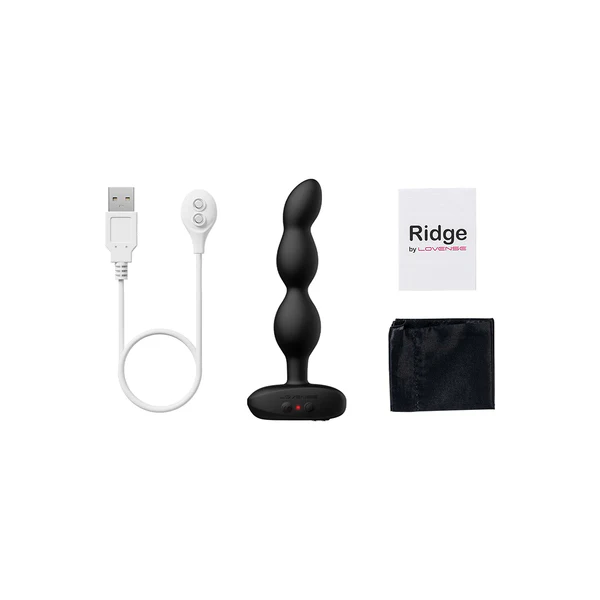 Black Lovense Ridge anal beads with USB charger and instruction booklet.