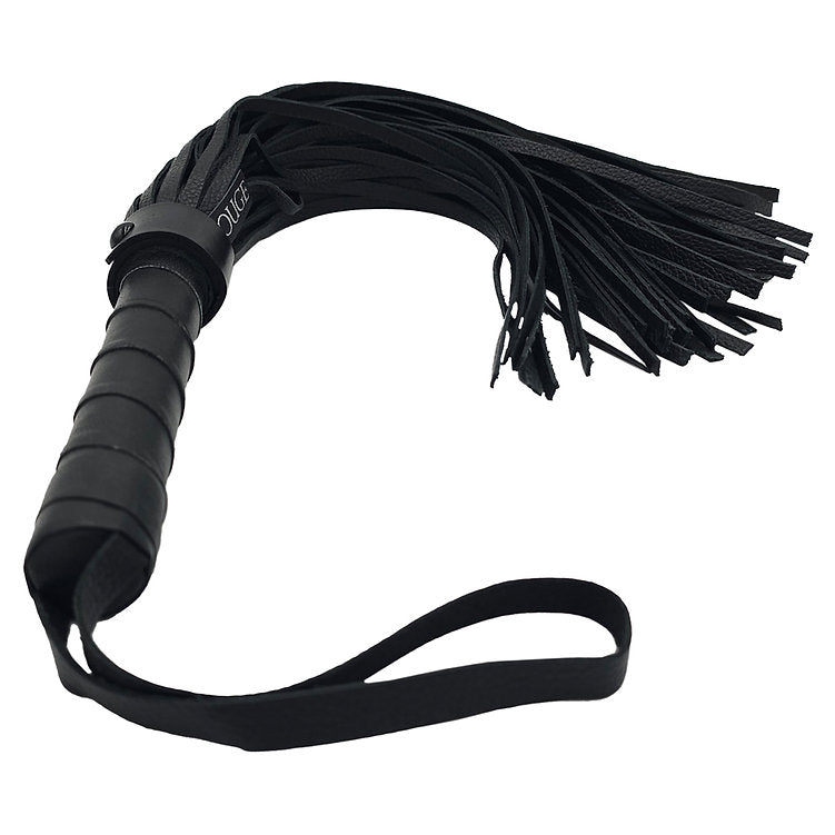 Black leather flogger with a wrapped leather handle and a wrist strap.