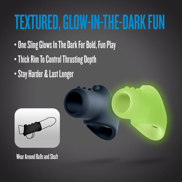 Two silicone cocksling rings, one glow-in-the-dark, with a textured surface.
