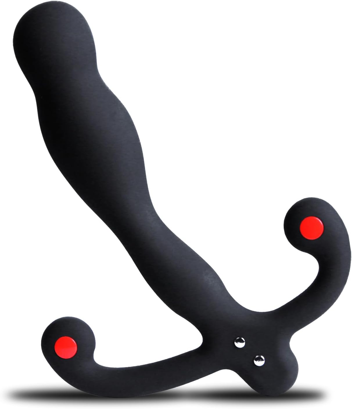 Black vibrating prostate massager with red accents and a remote.