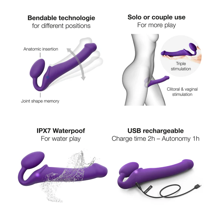 Purple bendable strap-on with anatomical insertion and joint shape memory.