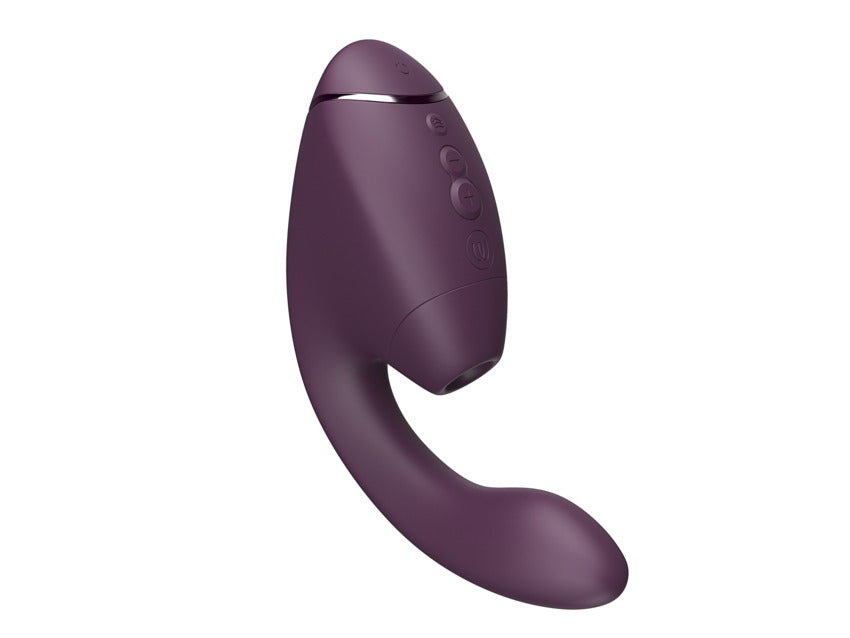 A purple dual clitoral and G-spot stimulator with control buttons.
