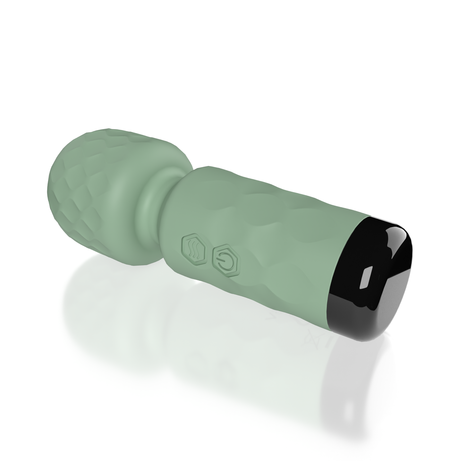 A green rechargeable mini wand vibrator with textured ends and two hexagonal buttons.