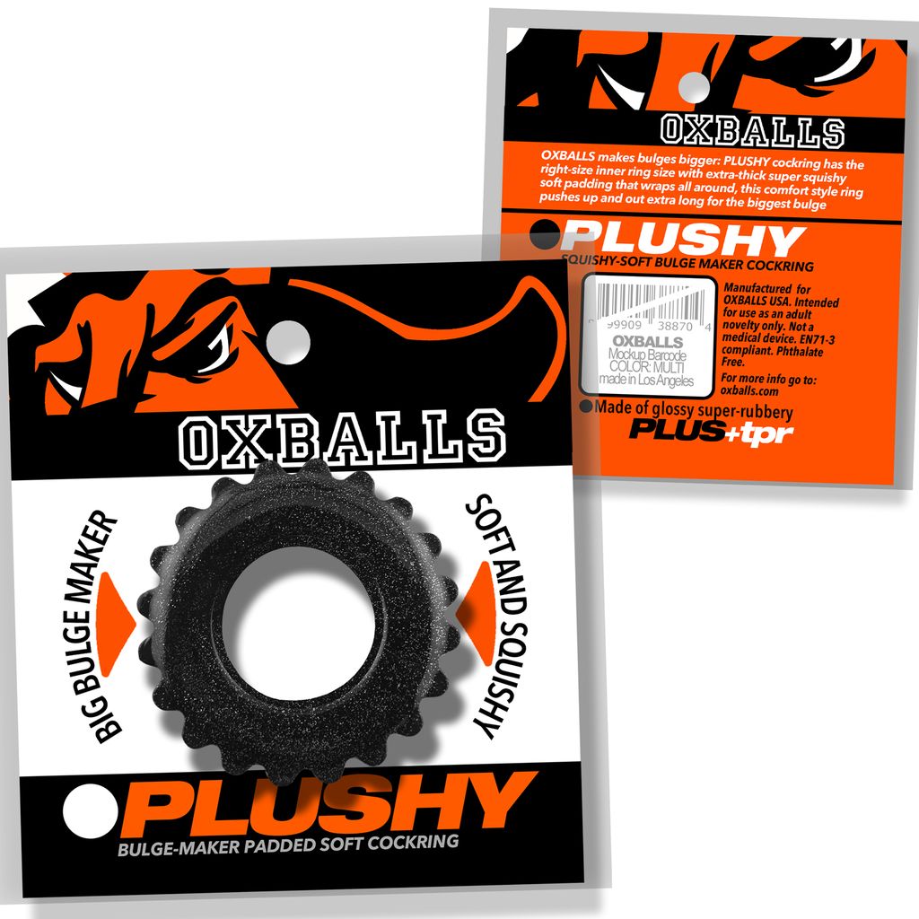 Black OXBALLS Plushy Soft Flex TPR cock ring with textured outer edge.