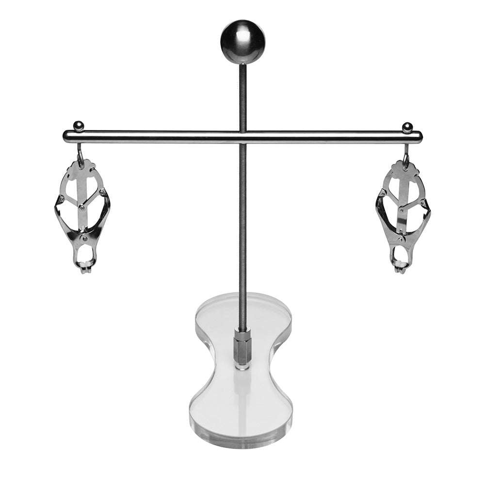Adjustable stainless steel nipple clamps on a clear acrylic stand.