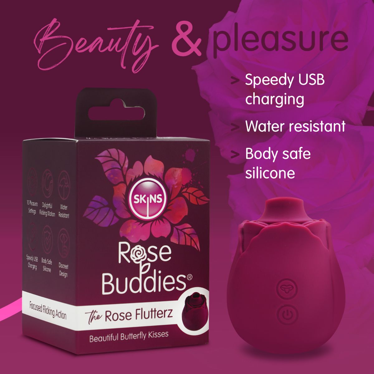 Rose Flutterz clitoral vibrator in rose shape, made of pink silicone.