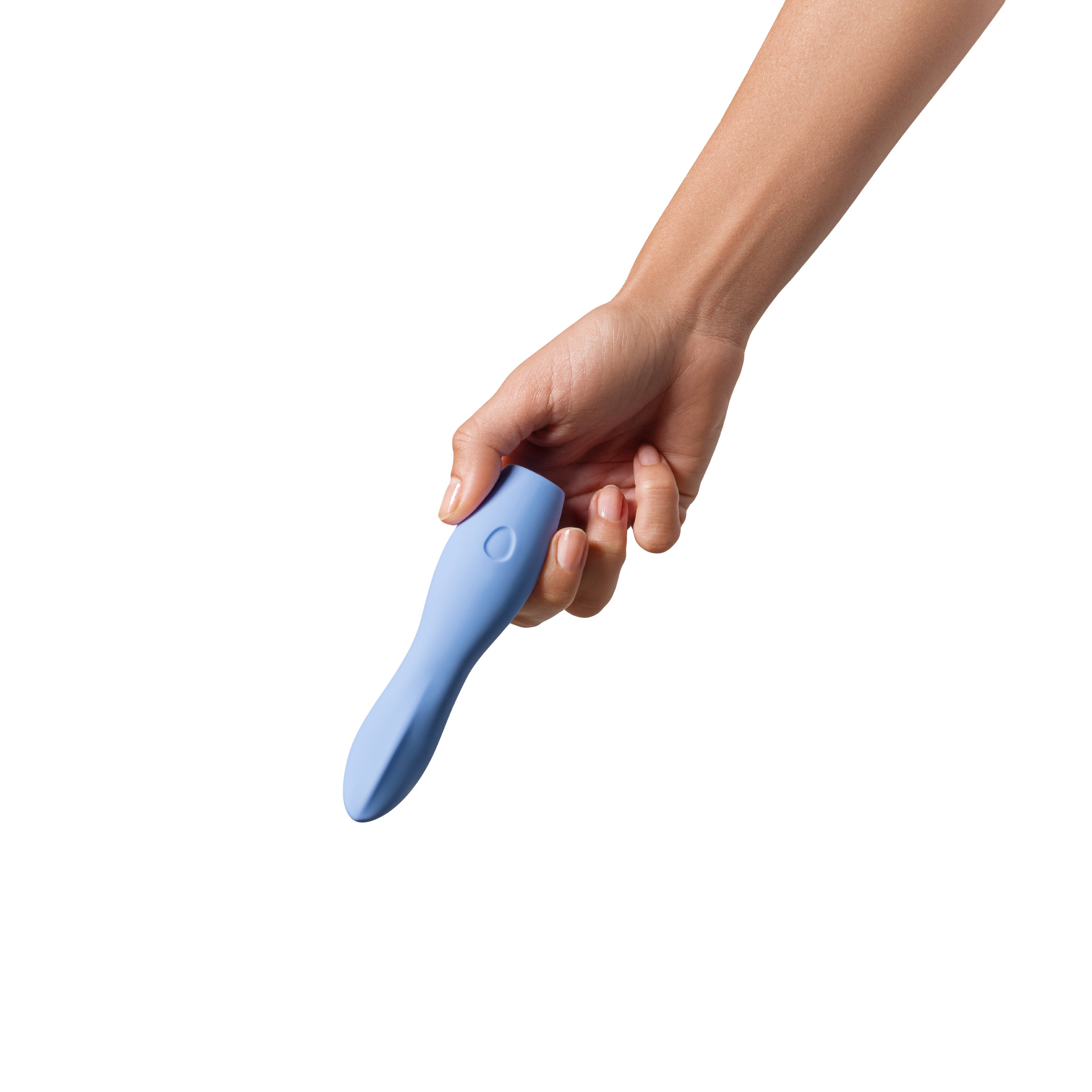 A hand holds a periwinkle-colored silicone vibrator with a single button.
