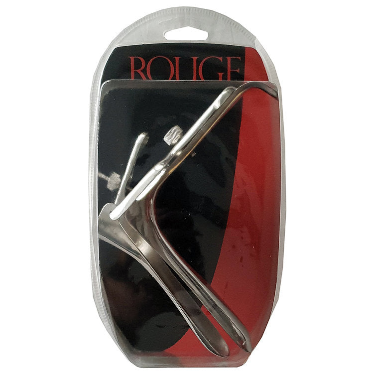 Stainless steel vaginal speculum with a locking screw, packaged for sale.