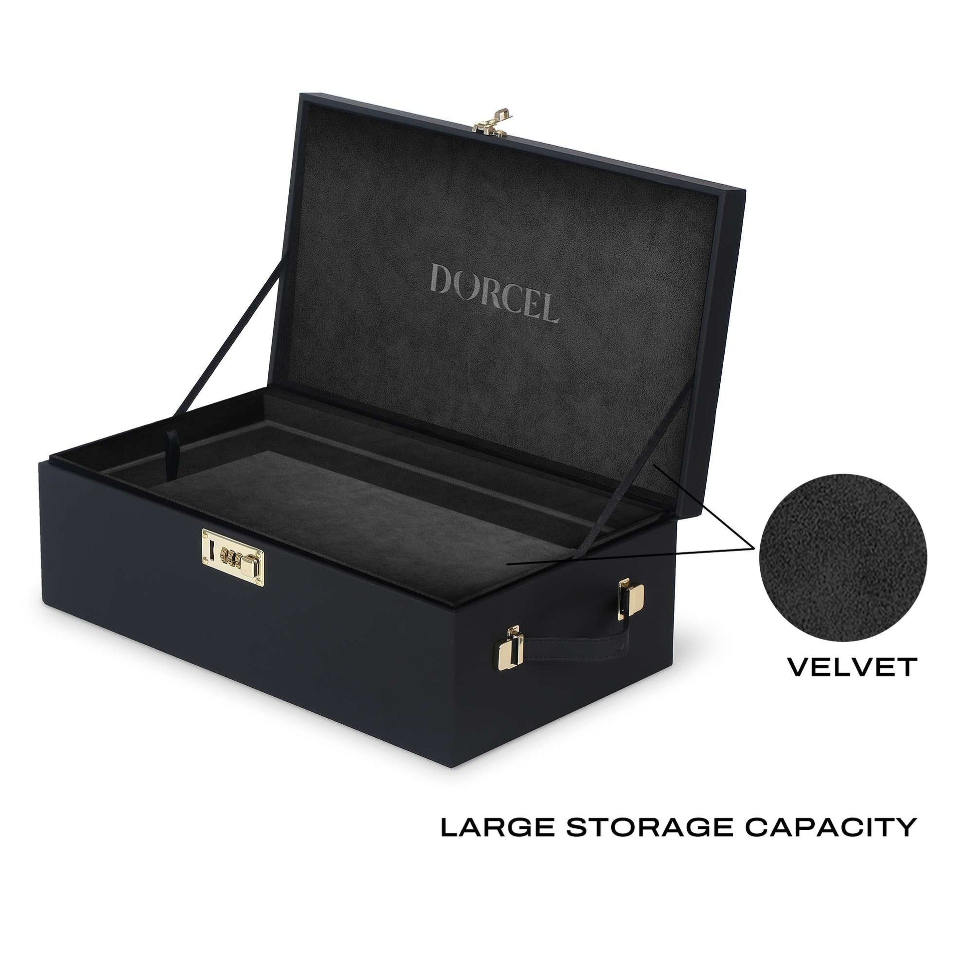 Black faux leather storage case with combination lock and velvet lining.