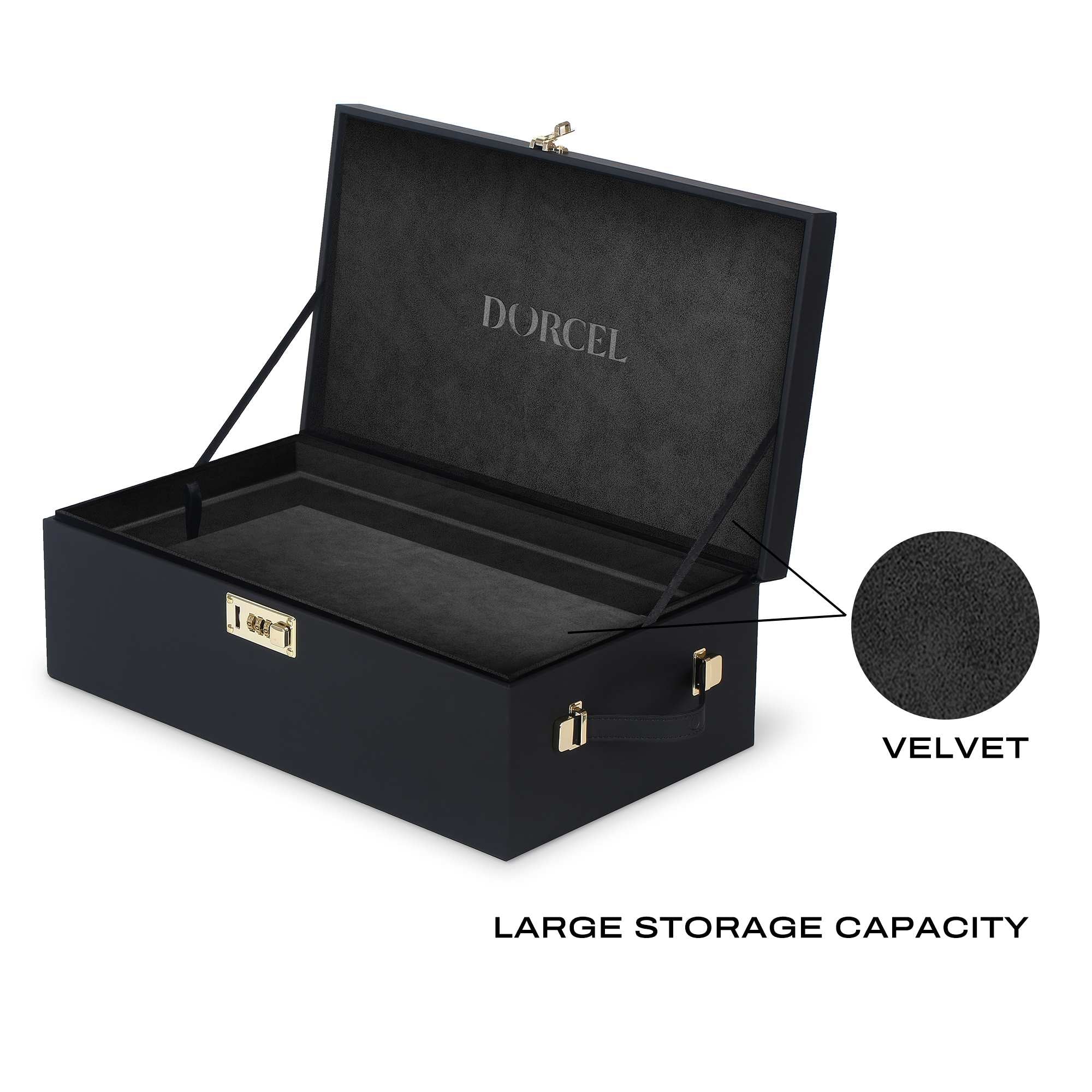 Black faux leather storage case with combination lock and velvet lining.