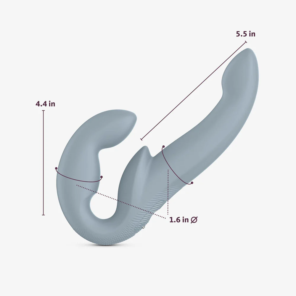 A light blue dual stimulating vibrator with dimensions indicated.