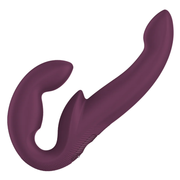 A purple dual stimulating vibrator with a curved design.