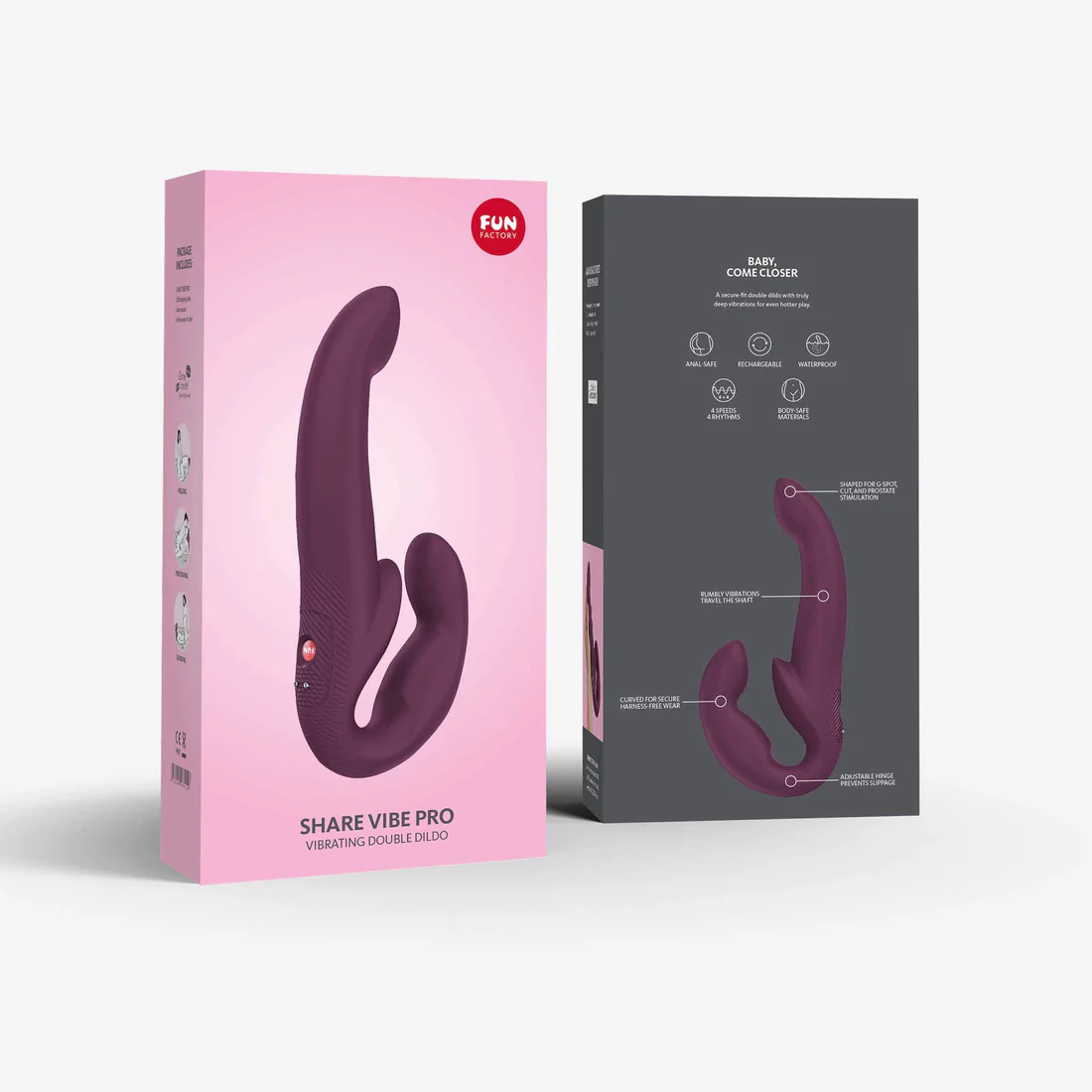 A purple dual stimulating vibrator with a curved design, shown with its packaging.