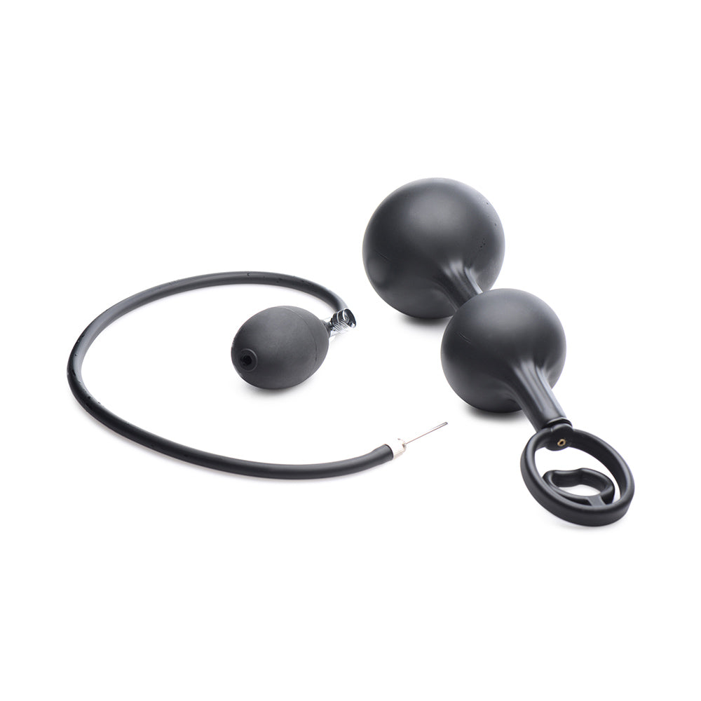Inflatable silicone anal plug with cock ring and pump.